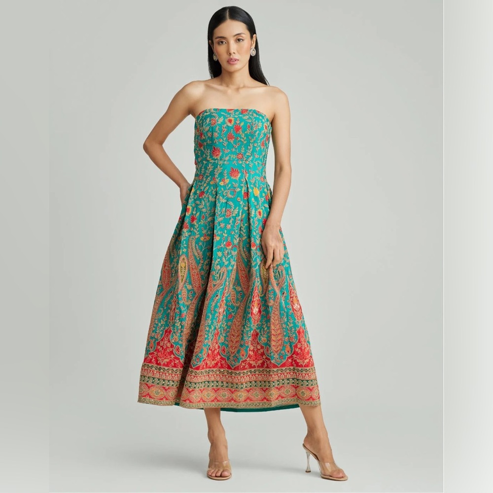 Strapless Teal and Red Paisley Dress